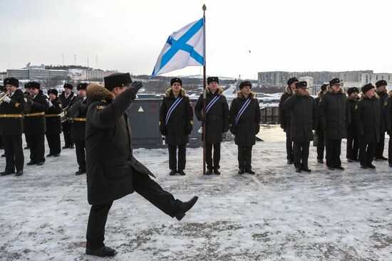 Meeting large landing ship 'Alexander Otrakovsky' in port of Murmansk