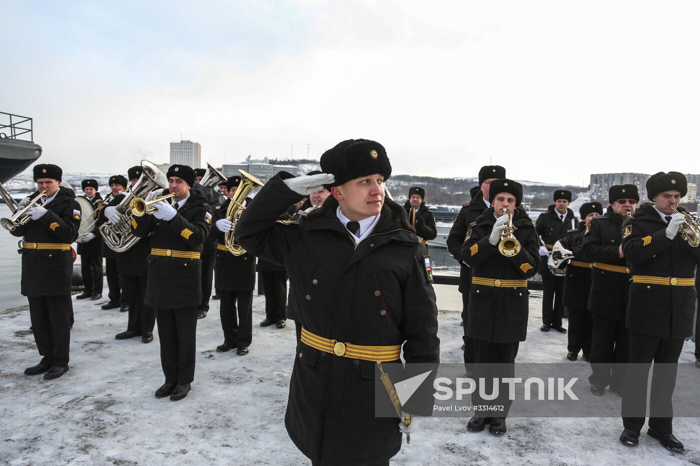 Meeting large landing ship 'Alexander Otrakovsky' in port of Murmansk