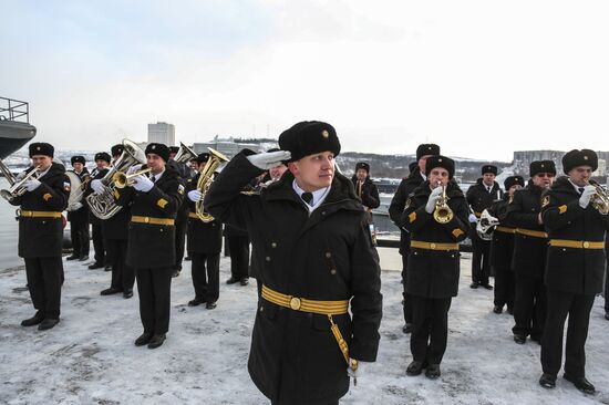 Meeting large landing ship 'Alexander Otrakovsky' in port of Murmansk
