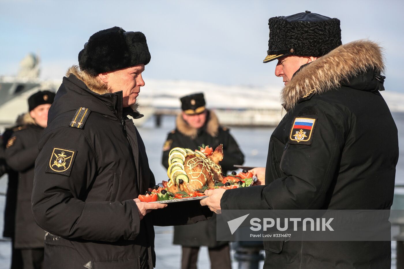 Meeting large landing ship 'Alexander Otrakovsky' in port of Murmansk