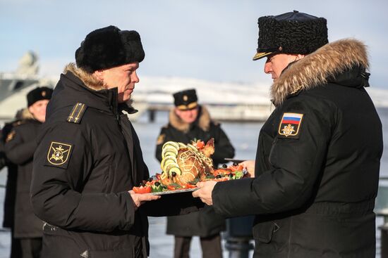 Meeting large landing ship 'Alexander Otrakovsky' in port of Murmansk
