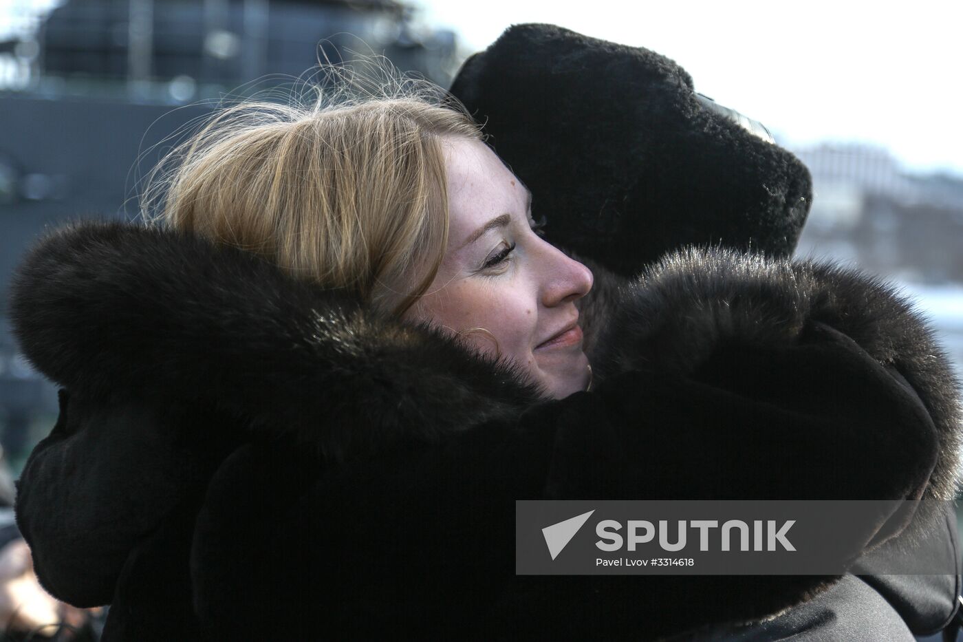 Meeting large landing ship 'Alexander Otrakovsky' in port of Murmansk