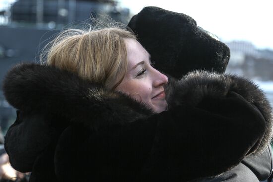 Meeting large landing ship 'Alexander Otrakovsky' in port of Murmansk