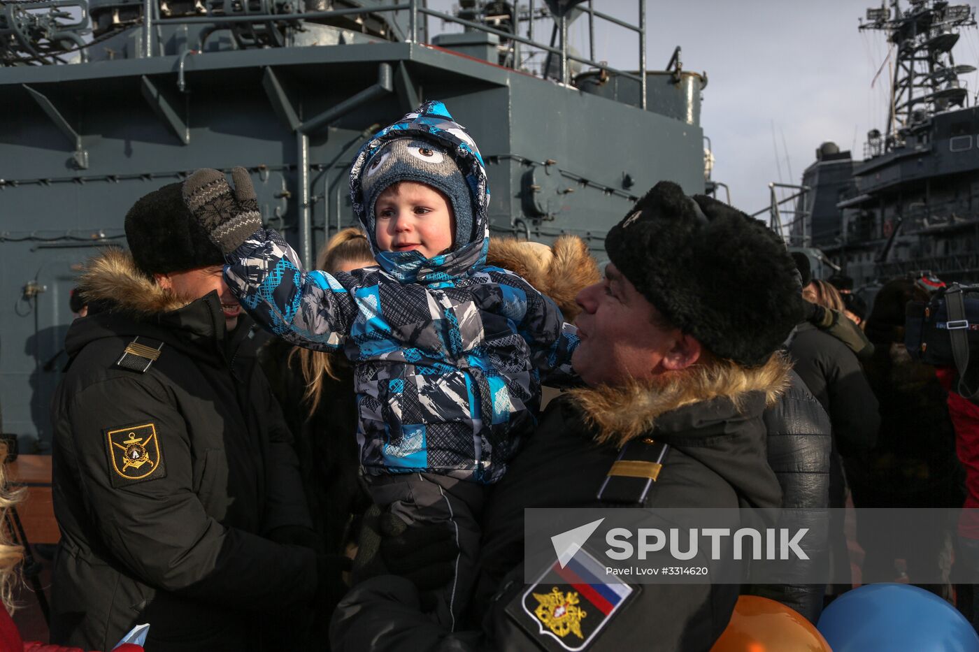 Meeting large landing ship 'Alexander Otrakovsky' in port of Murmansk