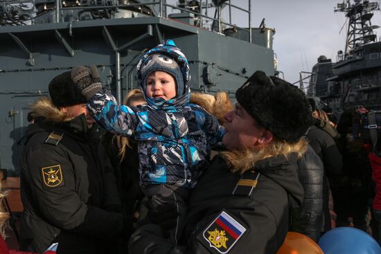Meeting large landing ship 'Alexander Otrakovsky' in port of Murmansk