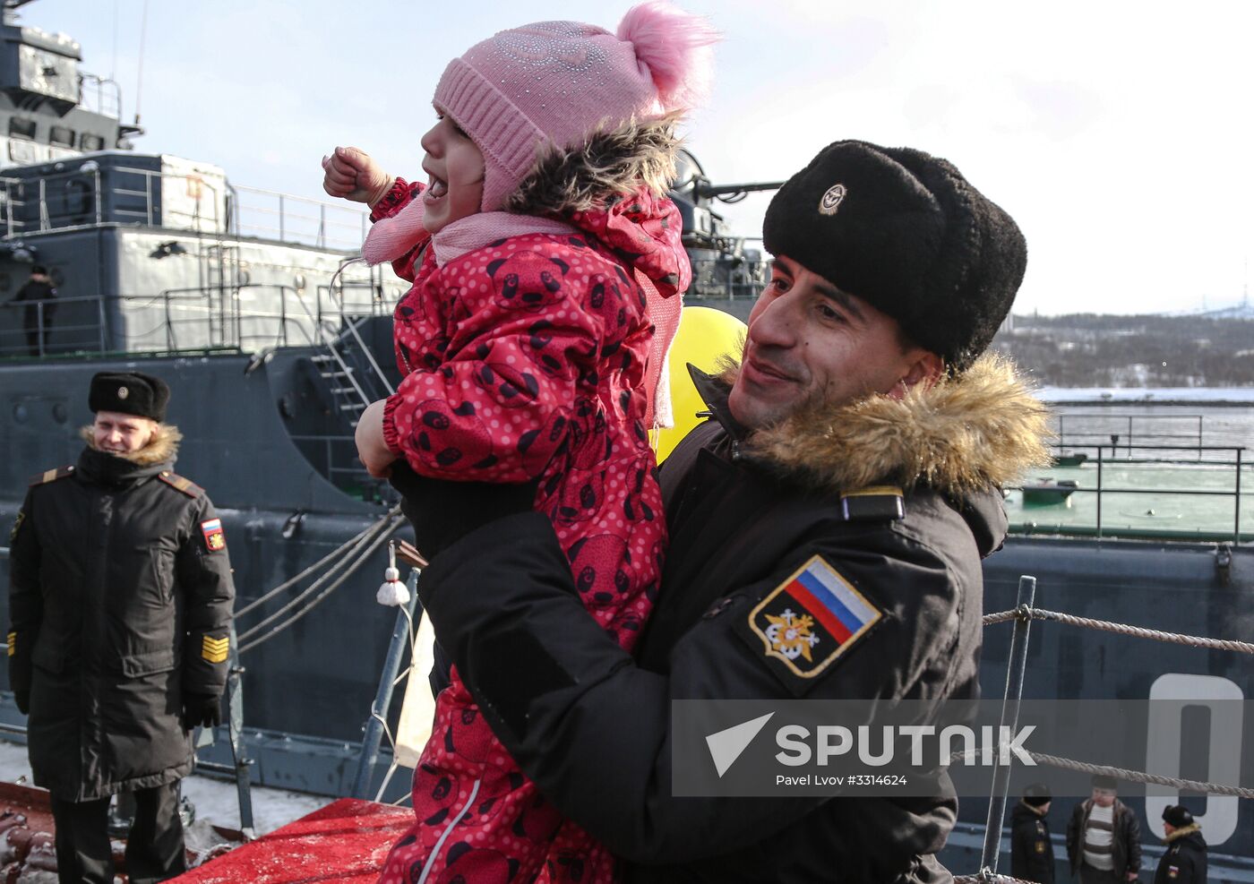 Meeting large landing ship 'Alexander Otrakovsky' in port of Murmansk