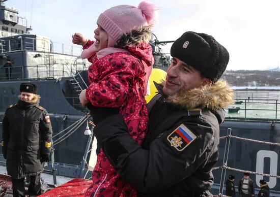 Meeting large landing ship 'Alexander Otrakovsky' in port of Murmansk