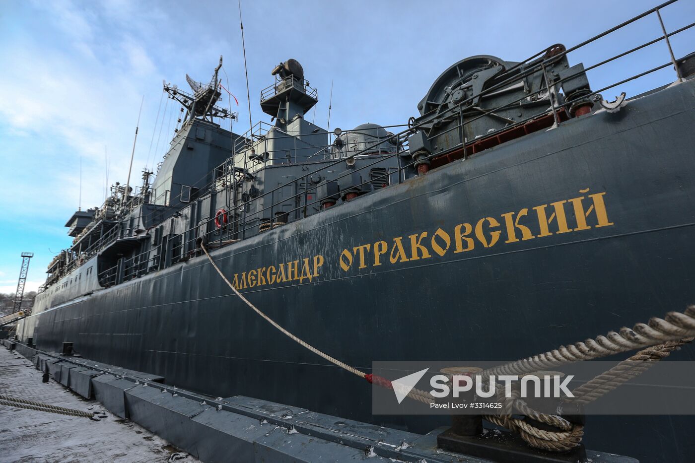 Meeting large landing ship 'Alexander Otrakovsky' in port of Murmansk