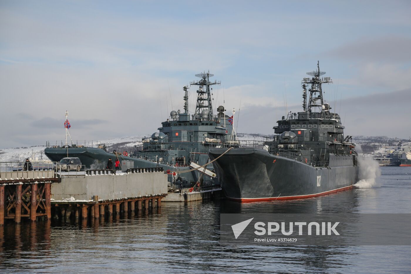 Meeting large landing ship 'Alexander Otrakovsky' in port of Murmansk