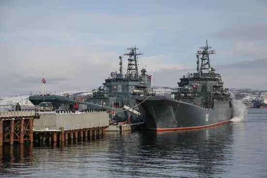 Meeting large landing ship 'Alexander Otrakovsky' in port of Murmansk