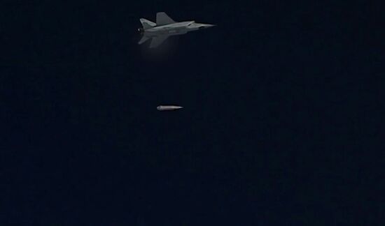 Russian Aerospace Forces MiG-31 conducts simulated firing of Kinzhal hypersonic missile