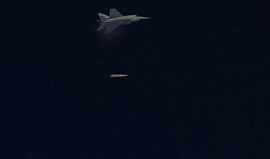 Russian Aerospace Forces MiG-31 conducts simulated firing of Kinzhal hypersonic missile