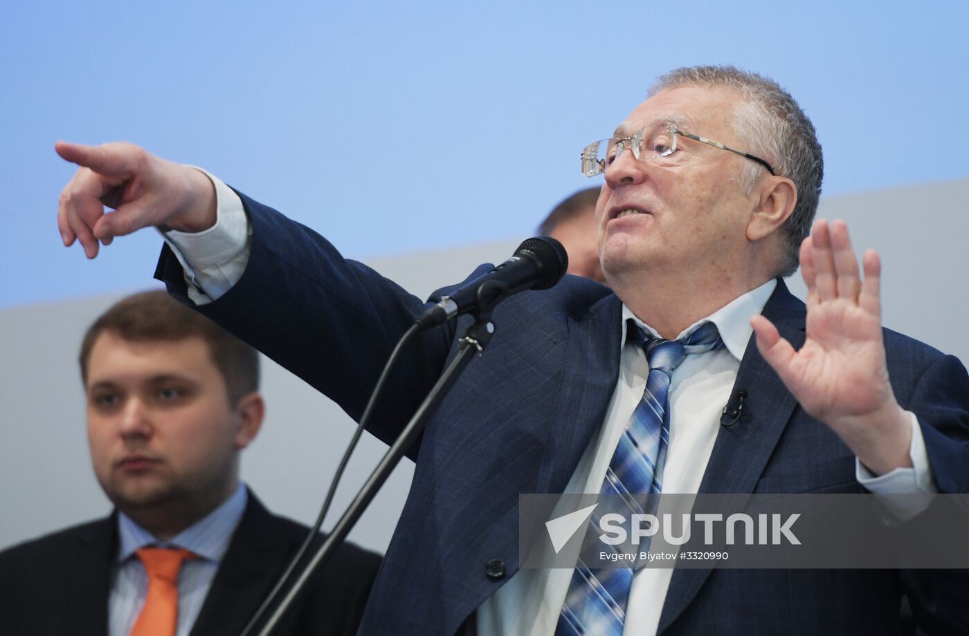 Presidential candidate Vladimir Zhirinovsky speaks at LDPR headquarters