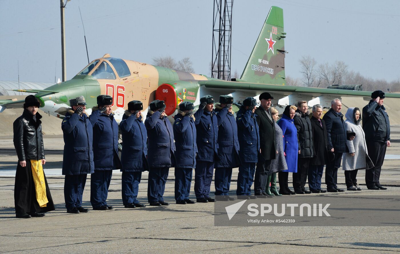 The ceremony of naming a Sukhoi Su-25SM jet after Hero of Russia Roman Filipov at the Chernogovka airfield of the Air Force regiment at the Eastern Military District. Military pilot Roman Filipov served in the regiment for ten years, then was sent on special missions to Syria where he died in the line of duty on February3, 2018. Location: Russia, Primorsky krai region. Author: Vitaliy Ankov/Sputnik. Military jet named after Roman Filipov in Primorye Territory
