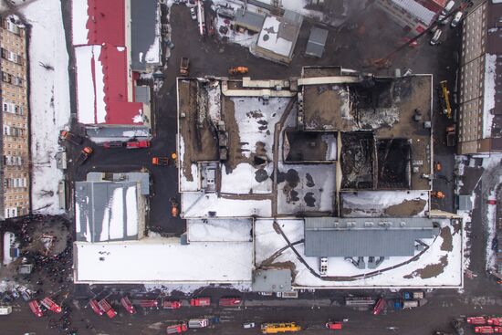 Aftermath of fire at Zimnyaya Vishnya shopping mall