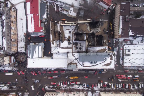 Aftermath of fire at Zimnyaya Vishnya shopping mall