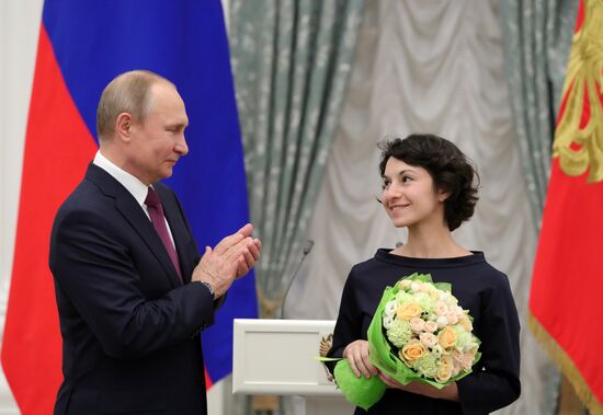 President Vladimir Putin presents presidential prizes to young culture professionals and for writing and art for children