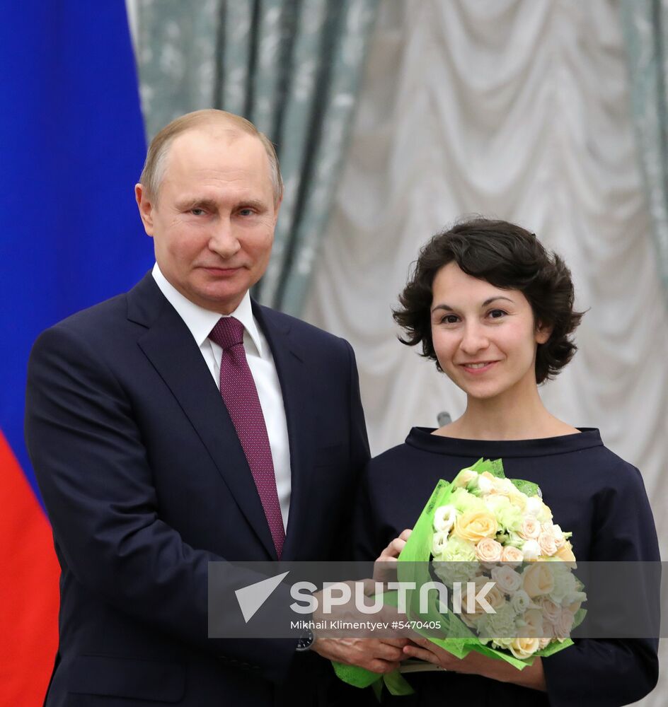 President Vladimir Putin presents presidential prizes to young culture professionals and for writing and art for children