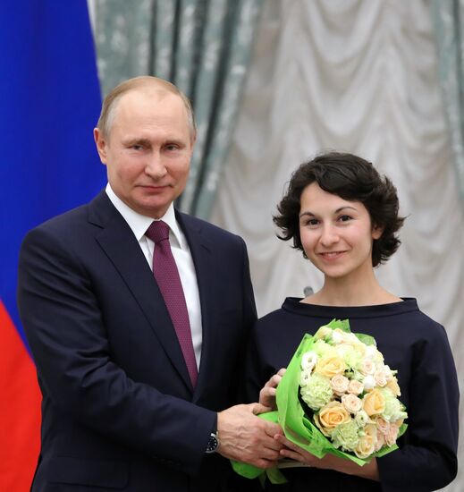 President Vladimir Putin presents presidential prizes to young culture professionals and for writing and art for children