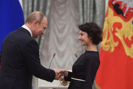 President Vladimir Putin presents presidential prizes to young culture professionals and for writing and art for children
