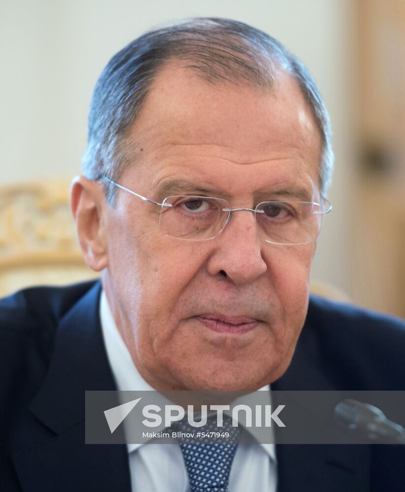 Russia's Foreign Minister Sergei Lavrov during a meeting with his Tajikistan's counterpart Sirodjidin Aslov in Moscow. Location: Russia, Moscow. Author: Maksim Blinov/Sputnik. Russia's Foreign Minister Sergei Lavrov meets with his Tajikistan's counterpart Sirodjidin Aslov