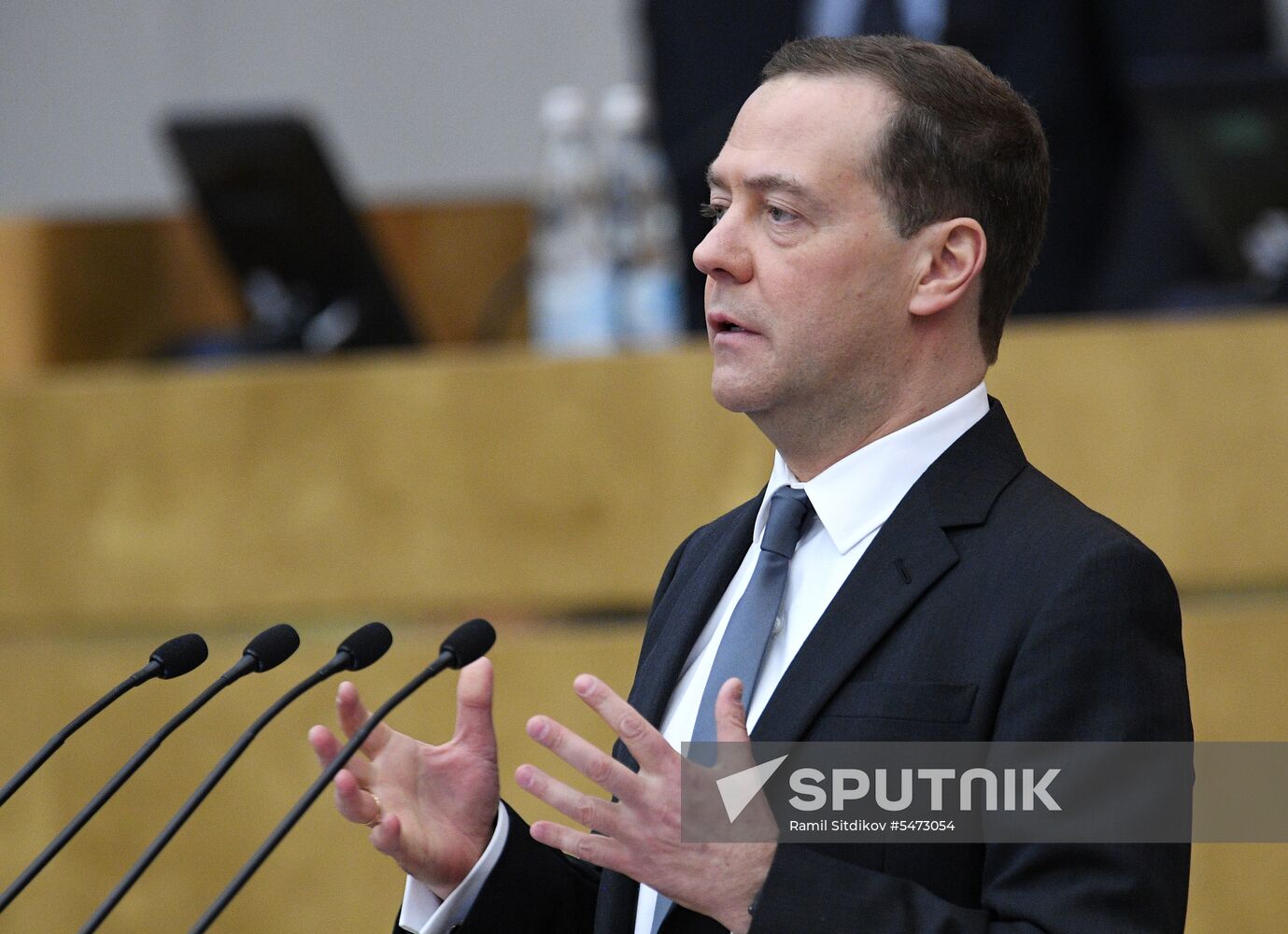 Prime Minister Dmitry Medvedev speaks at State Duma