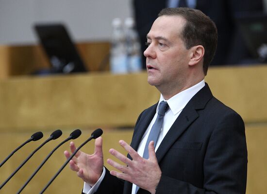 Prime Minister Dmitry Medvedev speaks at State Duma