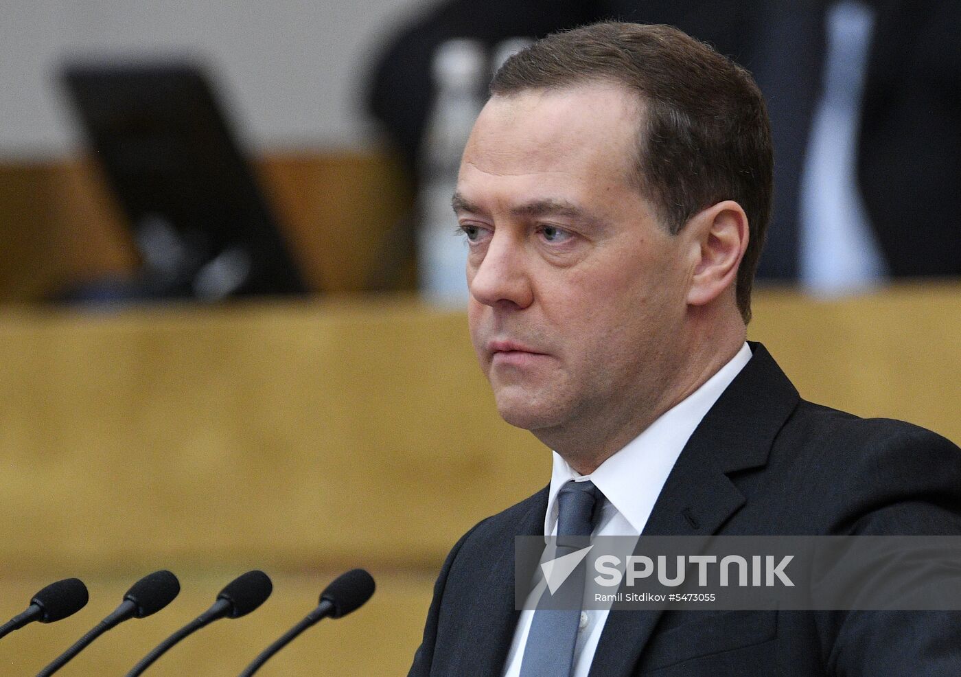 Prime Minister Dmitry Medvedev speaks at State Duma