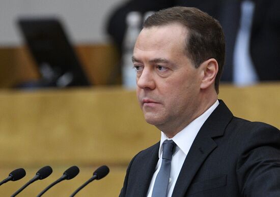 Prime Minister Dmitry Medvedev speaks at State Duma