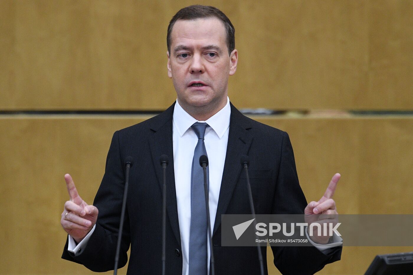 Prime Minister Dmitry Medvedev speaks at State Duma