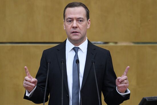 Prime Minister Dmitry Medvedev speaks at State Duma