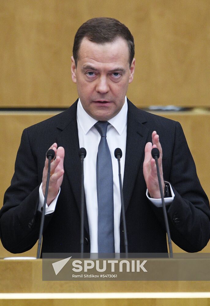 Prime Minister Dmitry Medvedev speaks at State Duma