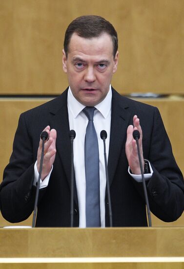 Prime Minister Dmitry Medvedev speaks at State Duma