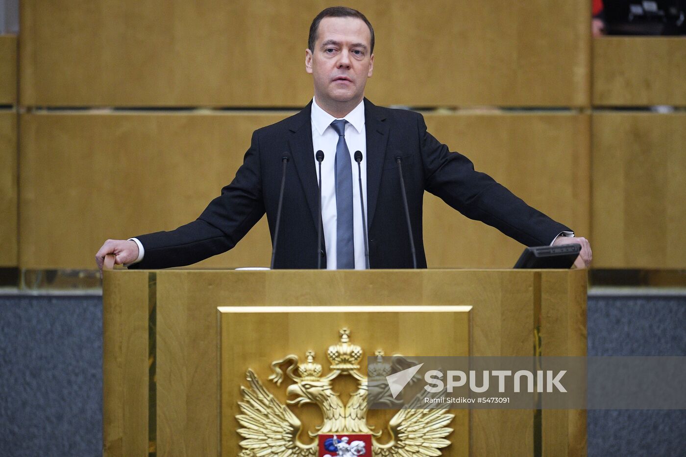 Prime Minister Dmitry Medvedev speaks at State Duma