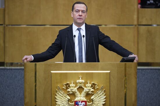 Prime Minister Dmitry Medvedev speaks at State Duma