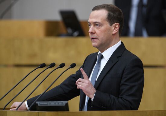 Prime Minister Dmitry Medvedev speaks at State Duma