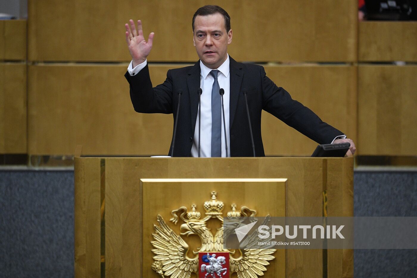 Prime Minister Dmitry Medvedev speaks at State Duma