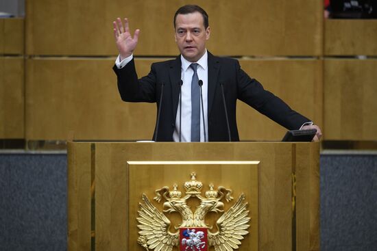 Prime Minister Dmitry Medvedev speaks at State Duma