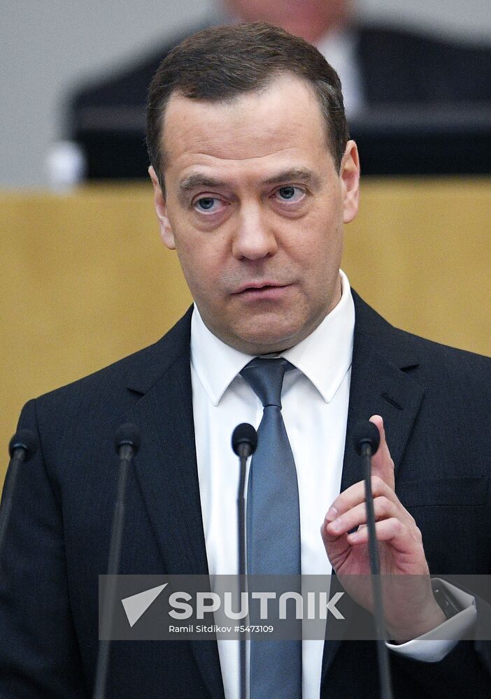 Prime Minister Dmitry Medvedev speaks at State Duma