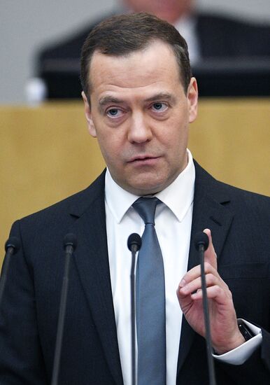Prime Minister Dmitry Medvedev speaks at State Duma