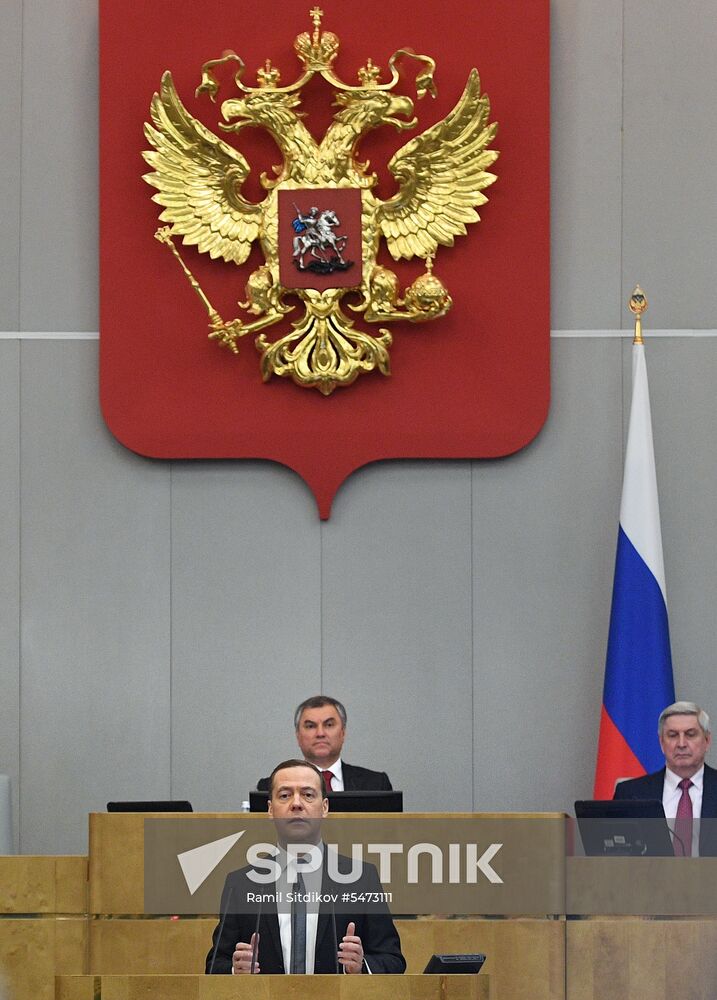 Prime Minister Dmitry Medvedev speaks at State Duma