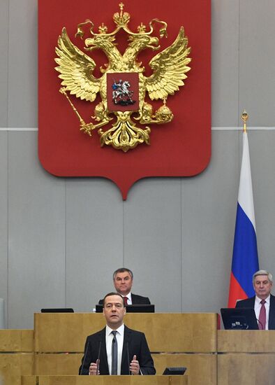 Prime Minister Dmitry Medvedev speaks at State Duma