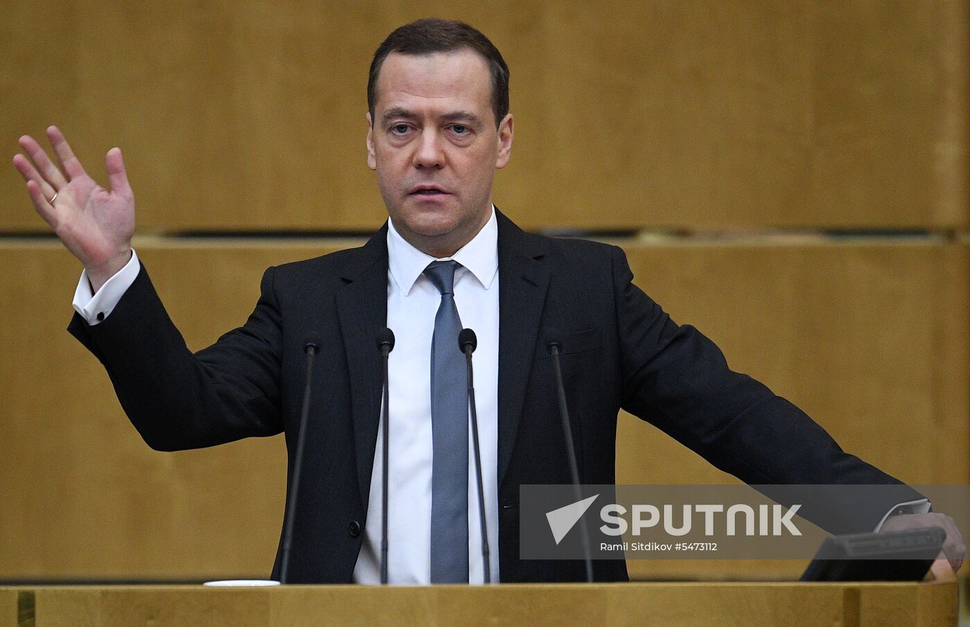 Prime Minister Dmitry Medvedev speaks at State Duma