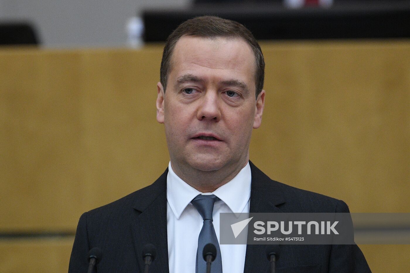 Prime Minister Dmitry Medvedev speaks at State Duma