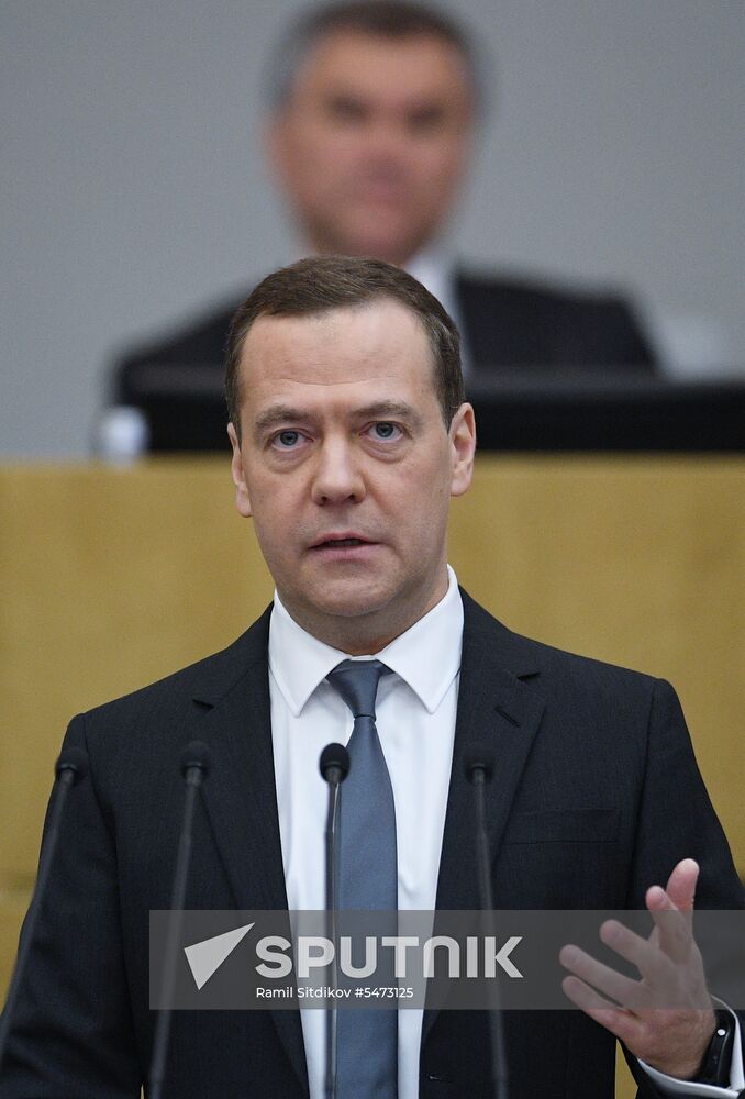 Prime Minister Dmitry Medvedev speaks at State Duma