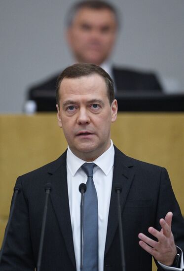 Prime Minister Dmitry Medvedev speaks at State Duma
