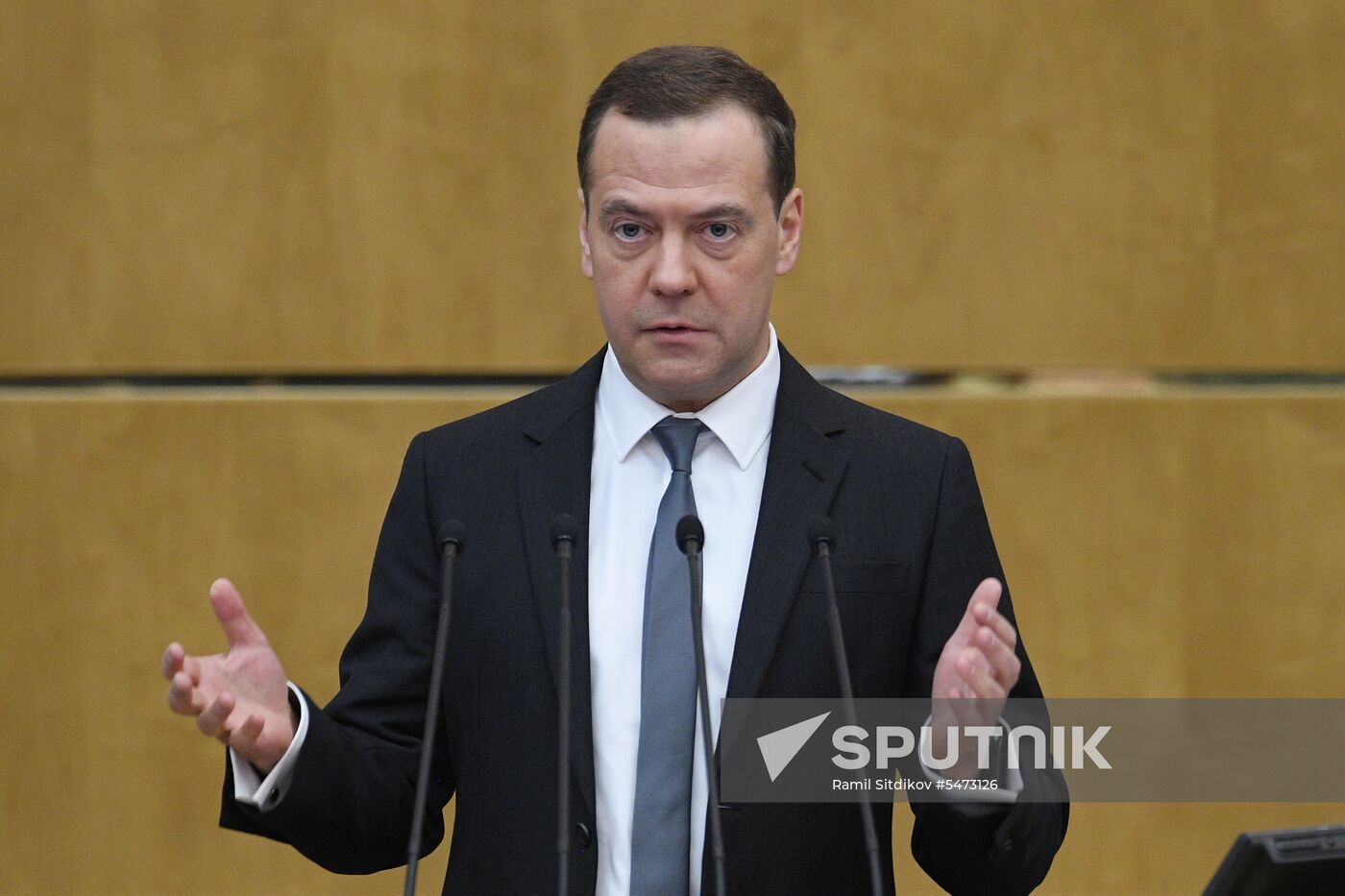 Prime Minister Dmitry Medvedev speaks at State Duma