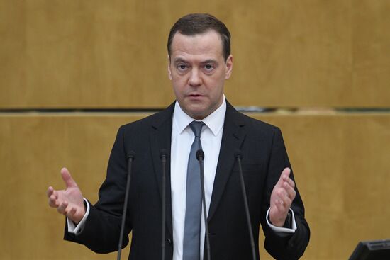 Prime Minister Dmitry Medvedev speaks at State Duma