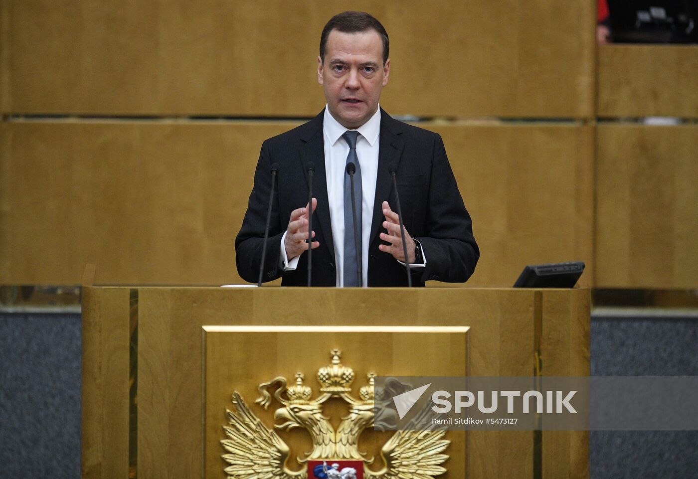 Prime Minister Dmitry Medvedev speaks at State Duma