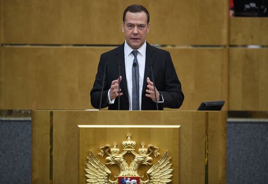 Prime Minister Dmitry Medvedev speaks at State Duma